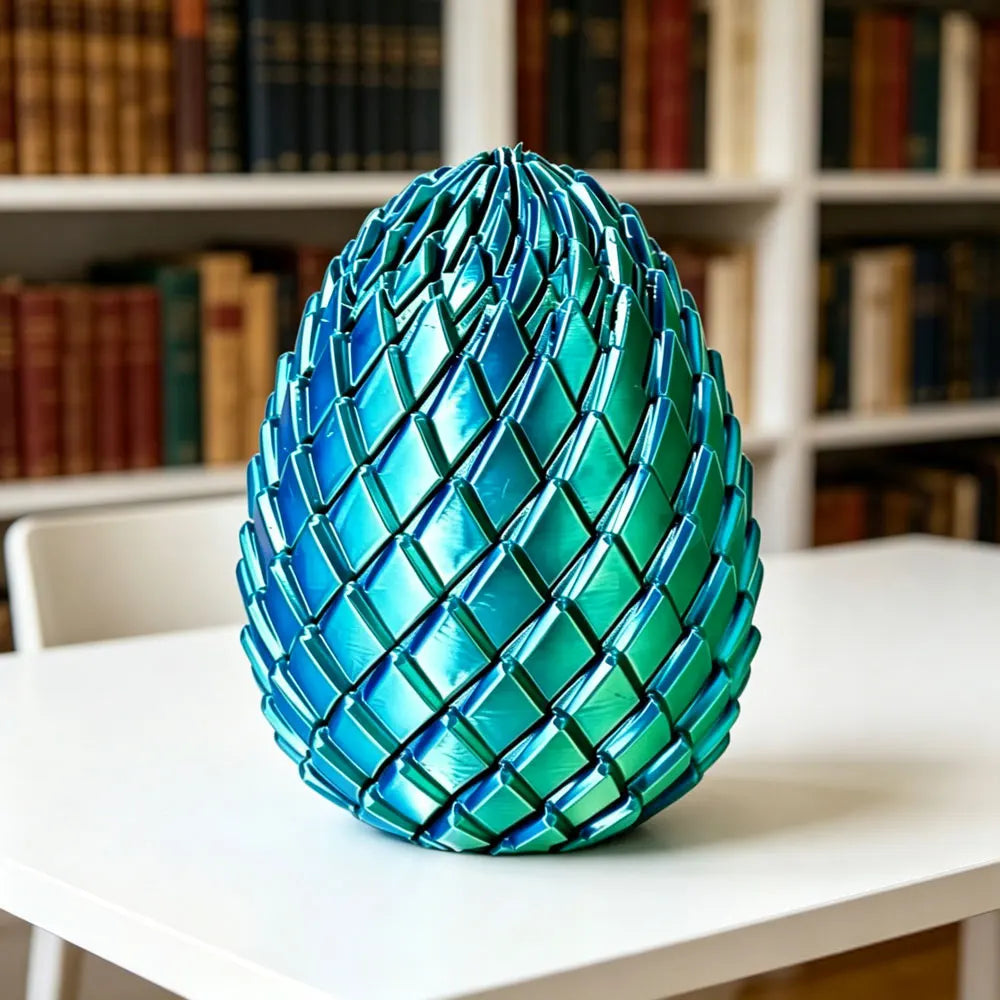 Un œuf de dragon bleu vibrant pour la relaxation, posé sur une table blanche devant une étagère.