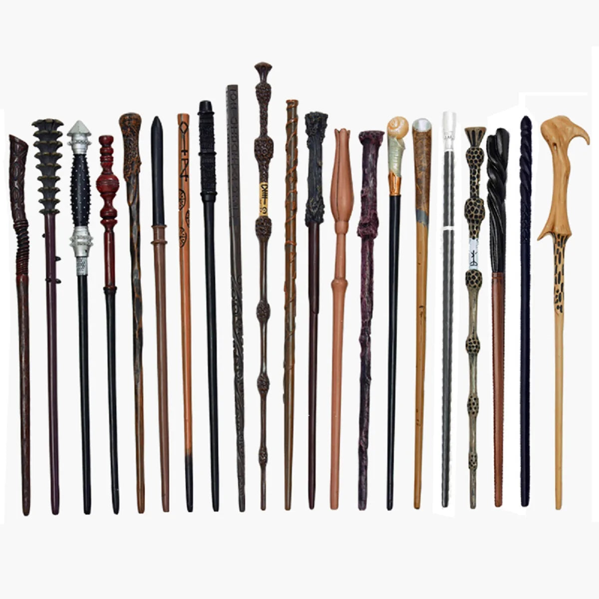 A collection of elegant metal cosplay magic wands with various designs and finishes.