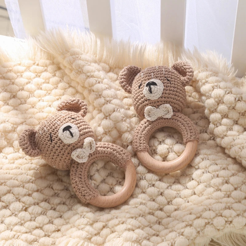 Handcrafted Wooden Crochet Animal Rattle for Babies