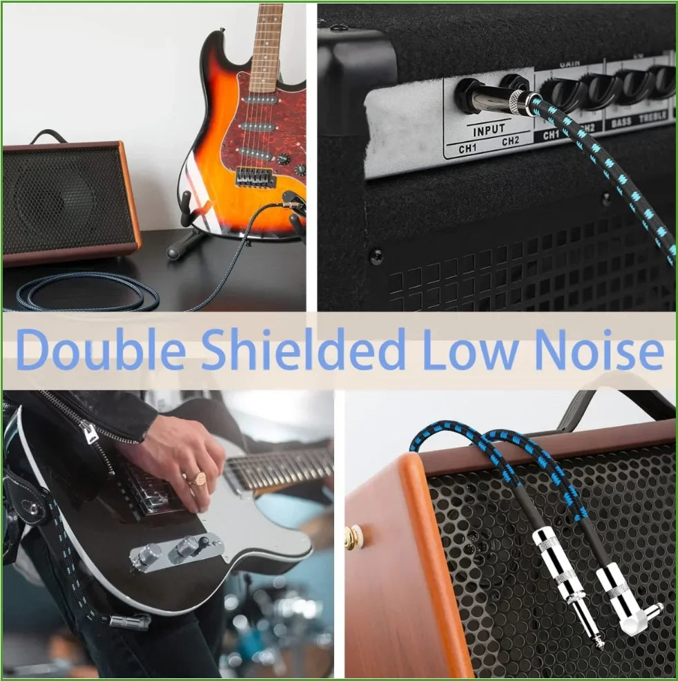 A close-up of a double shielded low noise instrument cable with a right-angle connector plugged into an electric guitar.