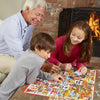 A family is assembling a wooden big cat jigsaw puzzle on a table near a fireplace.