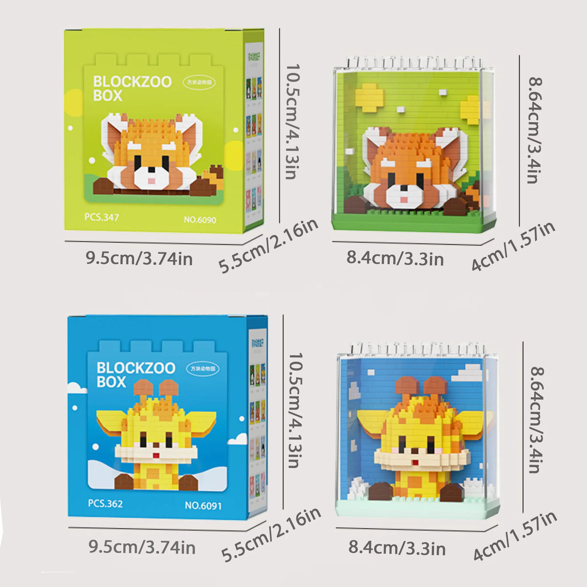 A set of adorable panda micro building blocks shown in their display box and loose form.