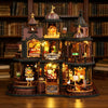 A detailed wooden miniature castle dollhouse kit featuring architecture, furniture, and illuminated elements.