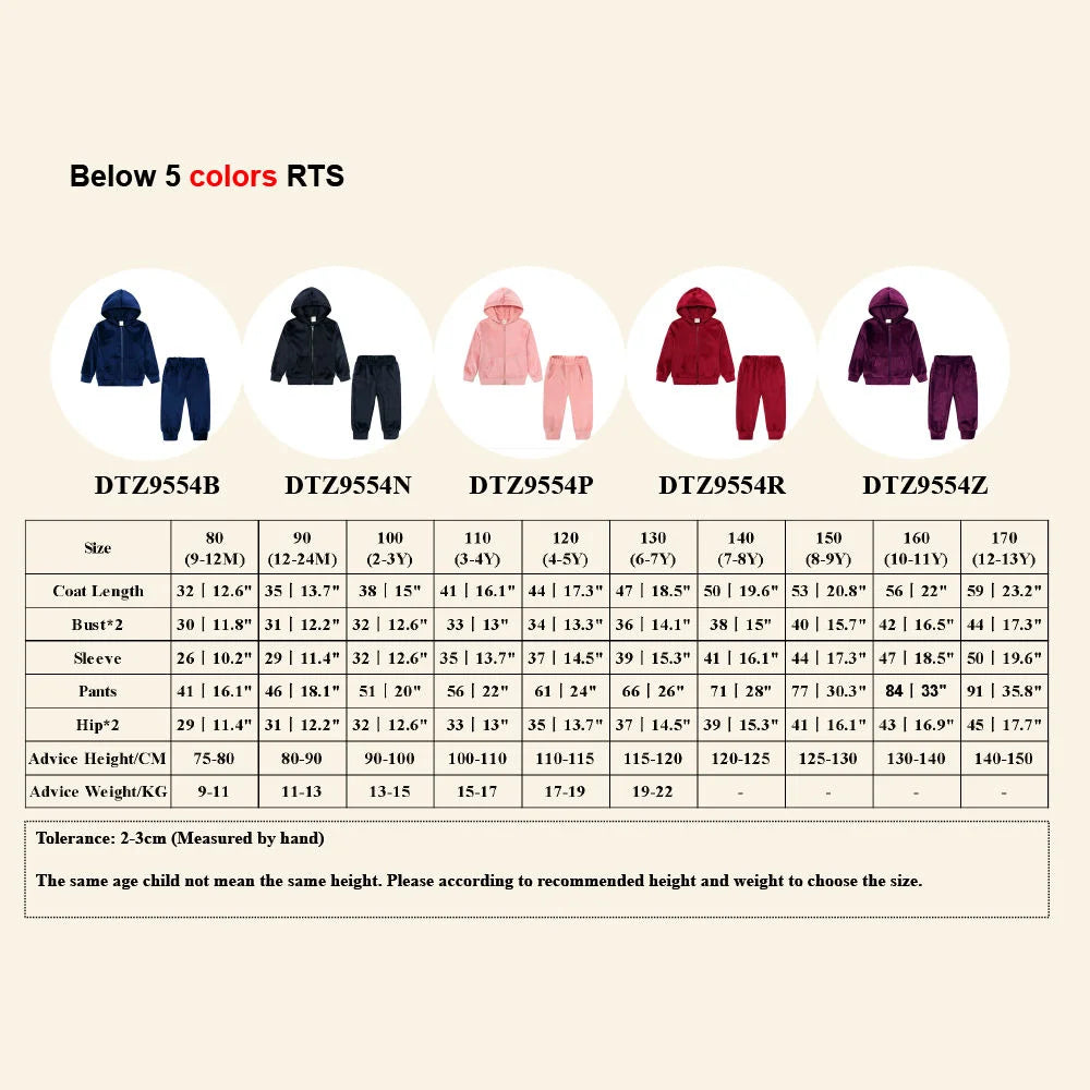 A size chart for a kids' velvet tracksuit set showing measurements for various sizes.