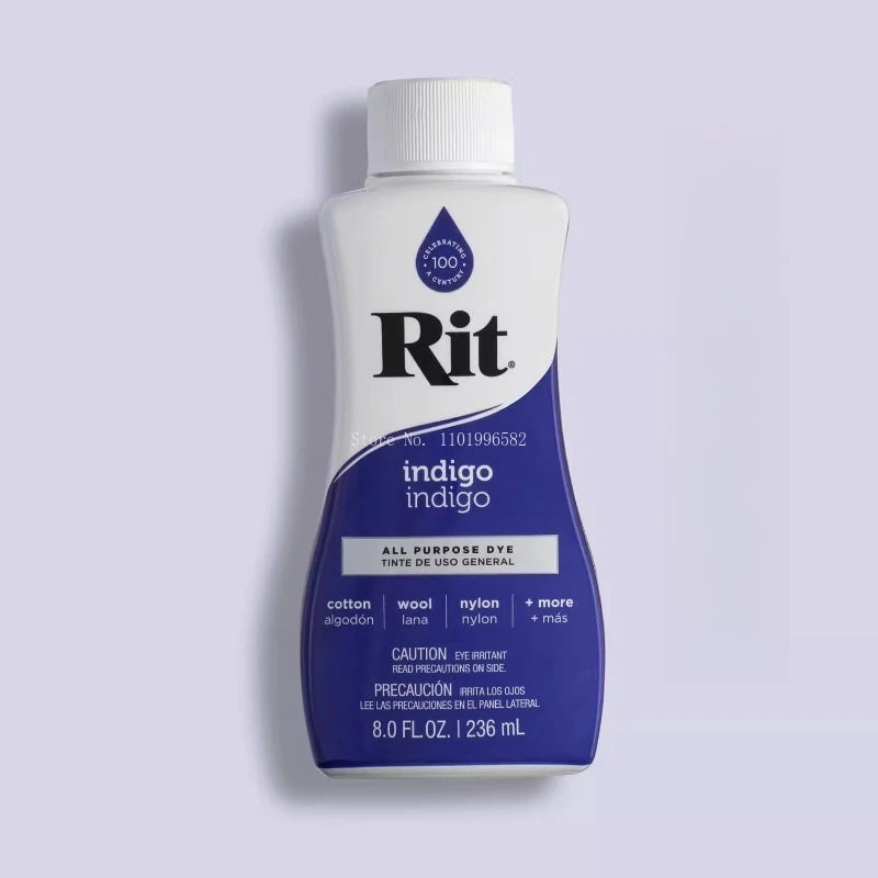 Bottle of Rit indigo multi-purpose fabric dye for cotton, linen, and more