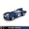 A blue Le Mans Raceway building block set featuring a race car model and associated stickers.