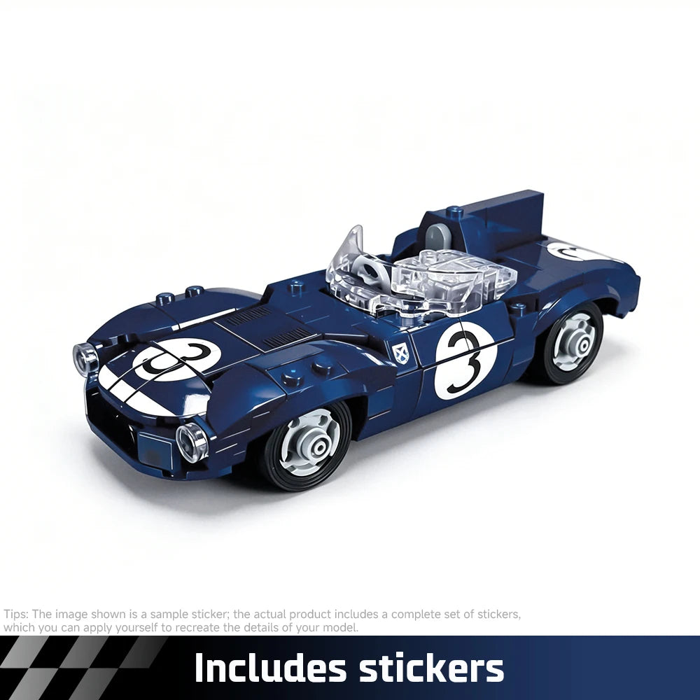 A blue Le Mans Raceway building block set featuring a race car model and associated stickers.
