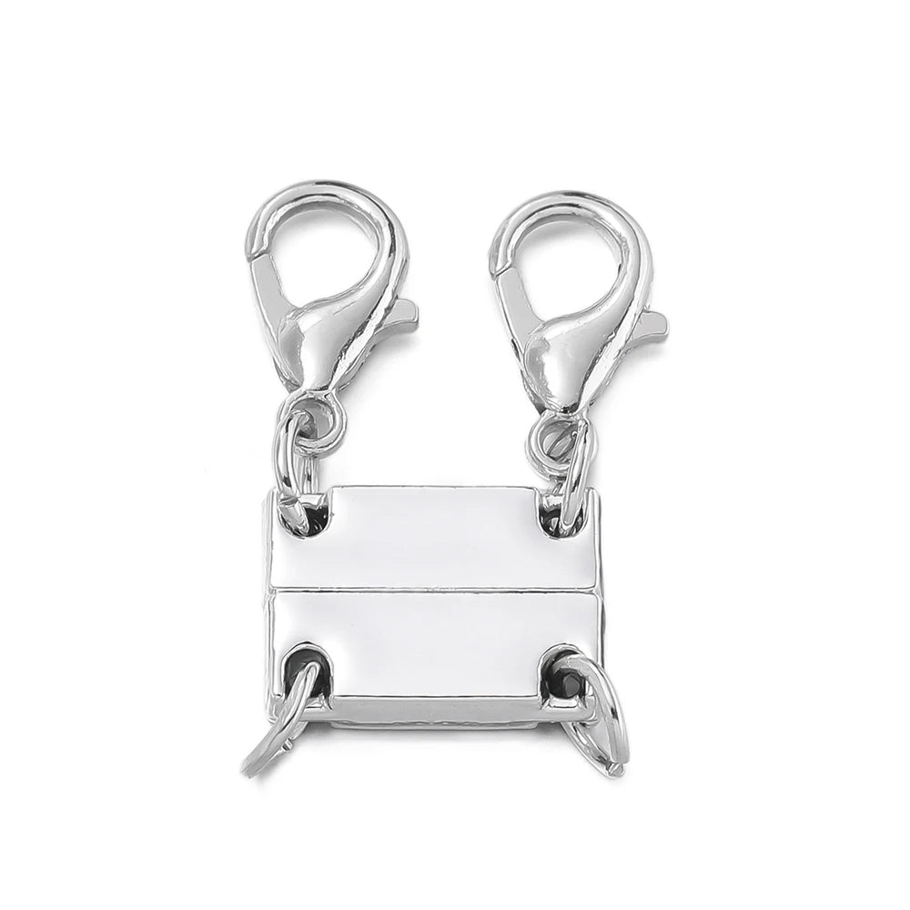Silver magnetic layering clasps for necklaces and bracelets with a rectangular pendant.
