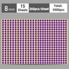 A sheet of round self-adhesive dot labels featuring purple dots on a light yellow background.