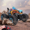 An All-Terrain RC monster truck is shown driving through dust and spray in an outdoor setting.