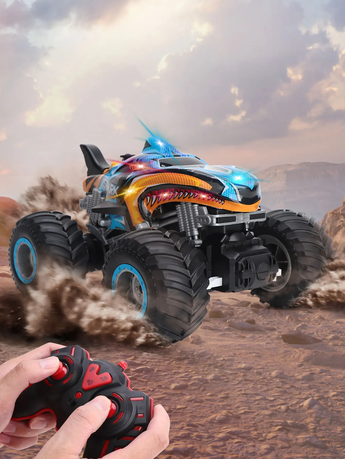 An All-Terrain RC monster truck is shown driving through dust and spray in an outdoor setting.