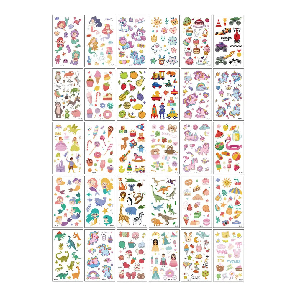 A grid display of colorful temporary tattoos featuring various designs for kids and adults.