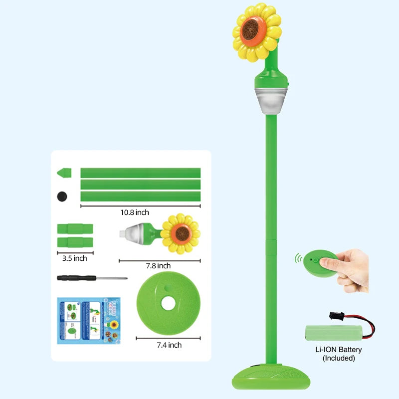 A green automatic sunflower bubble machine with a silver nozzle and battery is shown next to its components.