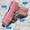 A pink manual water gun is shown with labels pointing to the grip, trigger, water filler, and water outlet.