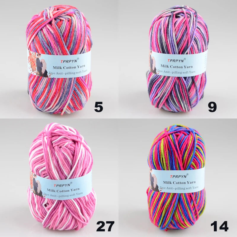 A collection of pink and multicolored milk cotton yarn skeins shown in various colors and textures.