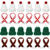 A set of mini knitted hats and scarves for dolls, featuring red and white patterns.