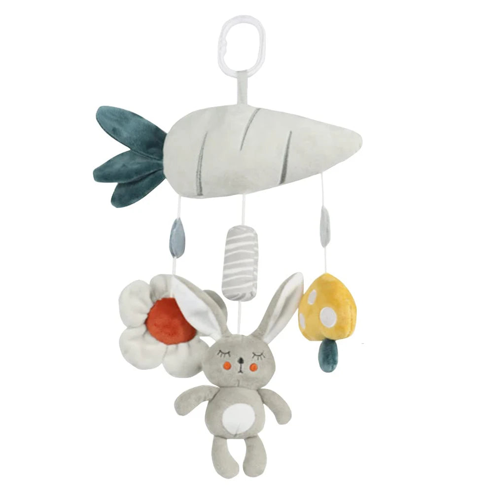 Jeu de miroirs à rattle de développement avec une forme de carotte et une figurine de lapin.