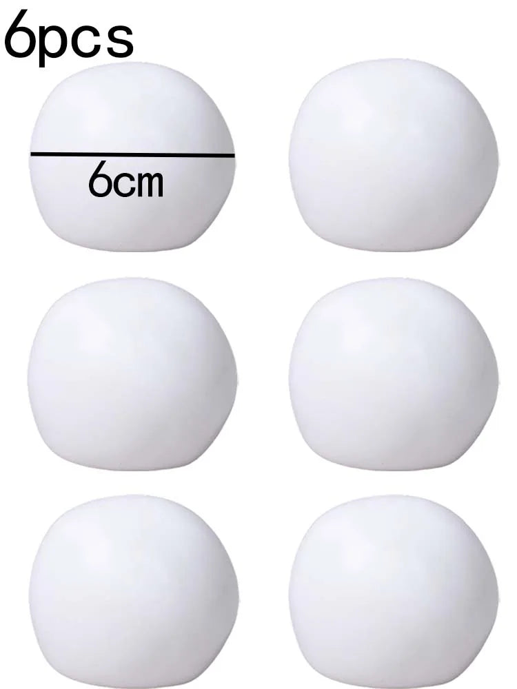 Six white, spherical silicone squeeze balls with a 6cm diameter measurement line.