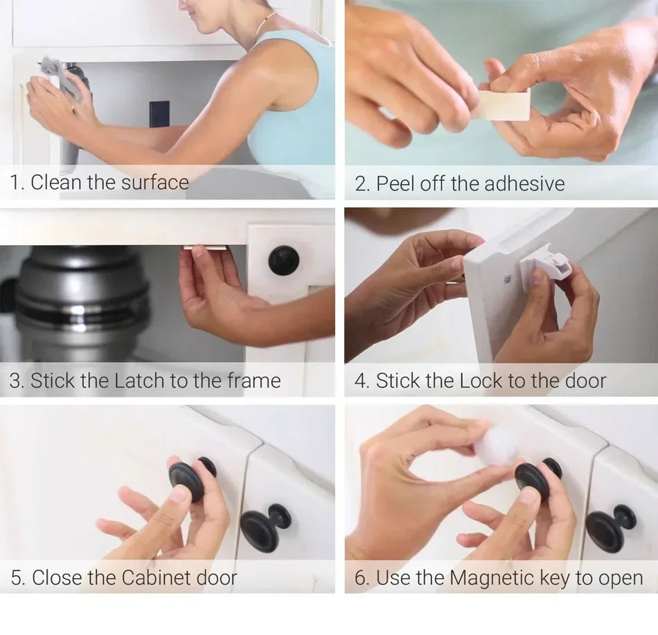 Six steps showing how to install and use magnetic child safety cabinet locks with a key
