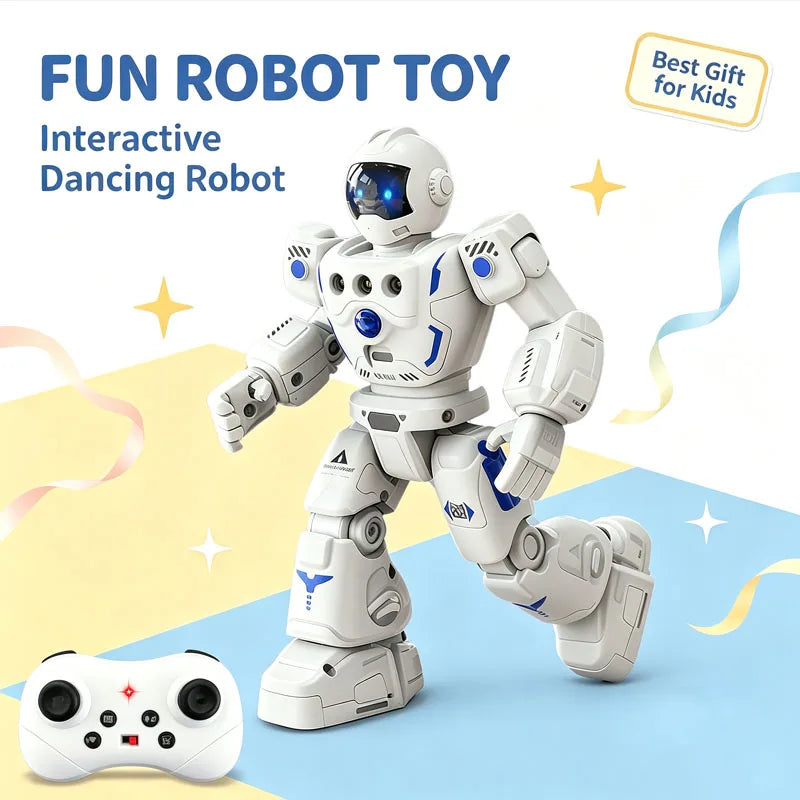 A white dancing robot toy standing on a blue surface with a white remote control visible nearby.