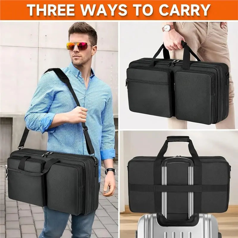 Three ways to carry a black padded DJ controller case with adjustable dividers.