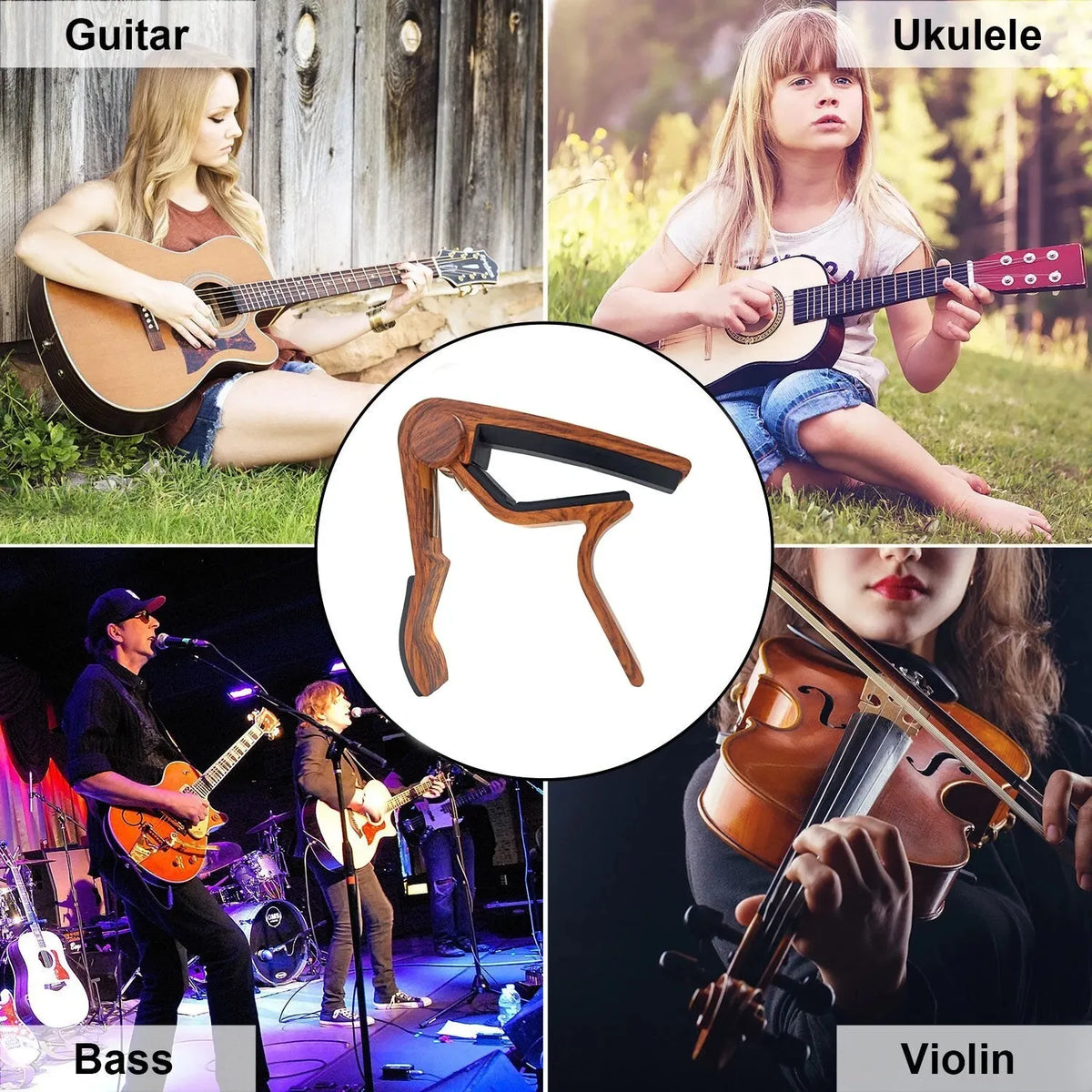 A collage showing a guitar, ukulele, bass, and violin, highlighting various stringed instruments.