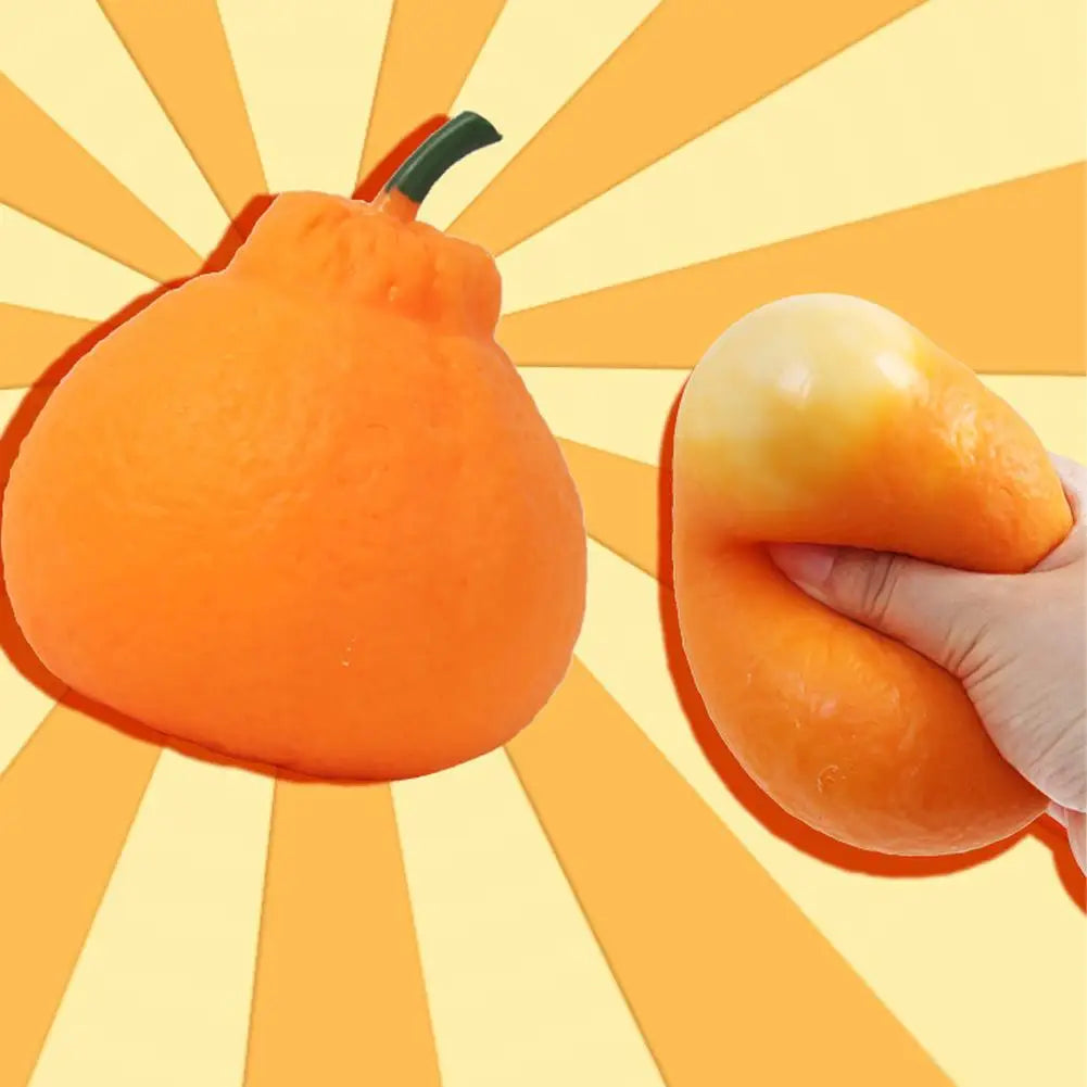 A bright orange stress ball is shown being squeezed by a hand against a yellow sunburst background.