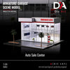 A miniature garage scene model of a used car dealership with an auto sale center display.