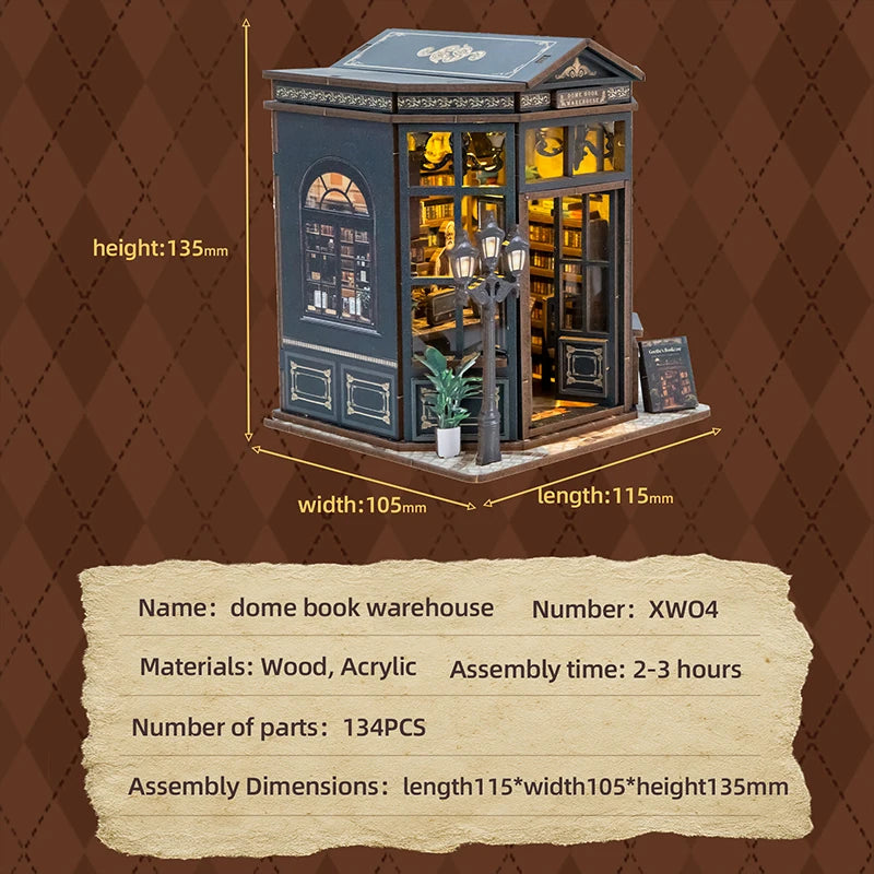 A dark wooden dome book warehouse model kit with glass display and an antique lantern light.