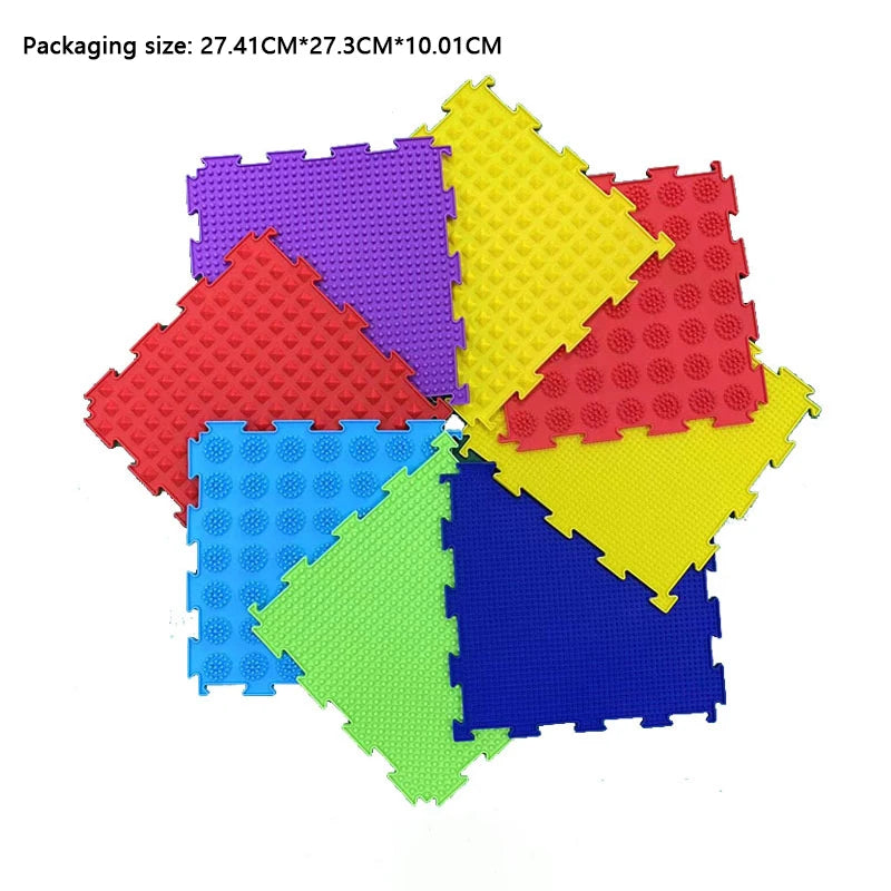 A colorful set of balance stepping stones for kids, featuring various colored, textured mats.