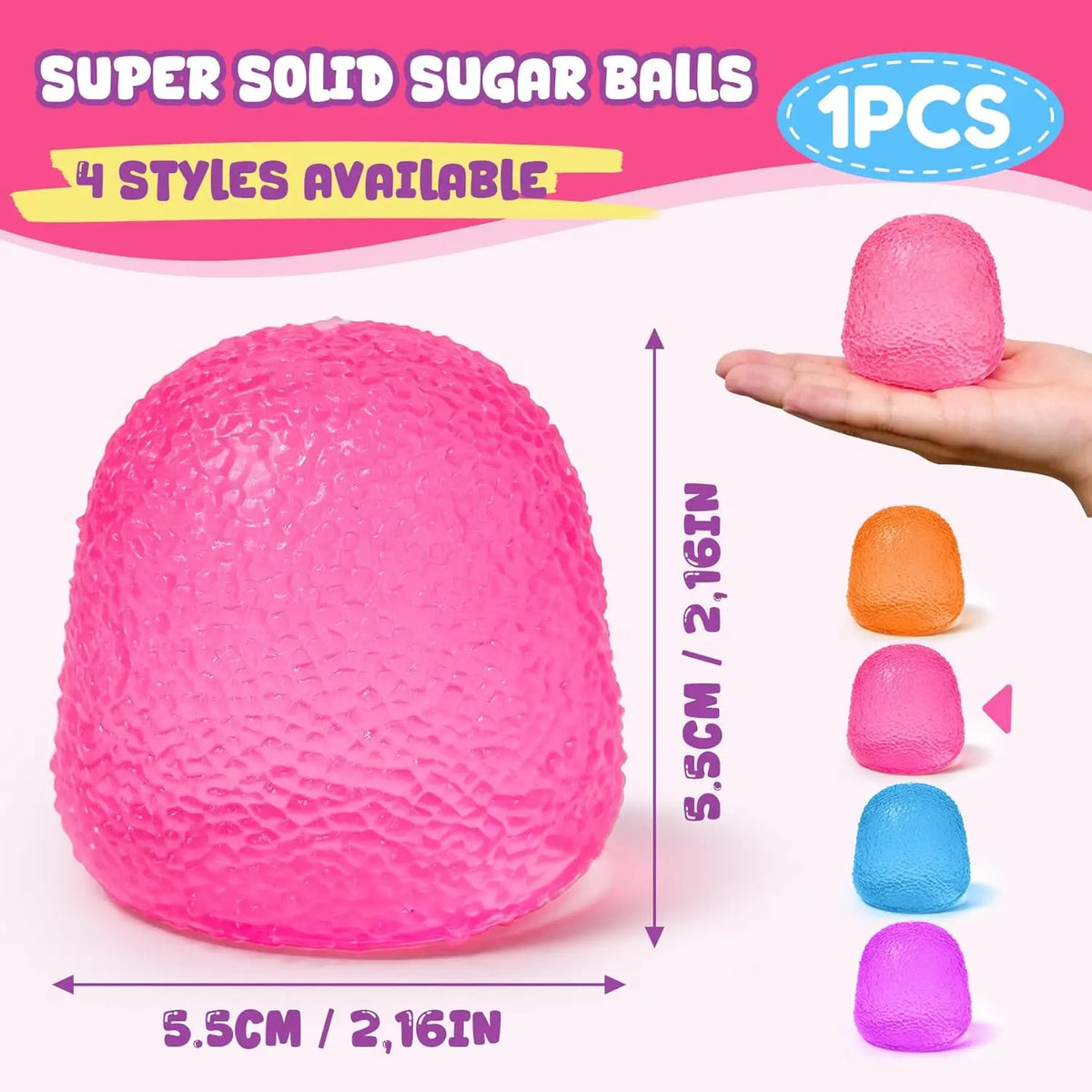 A pink super solid sugar ball squishy toy with four styles available shown on a hand.