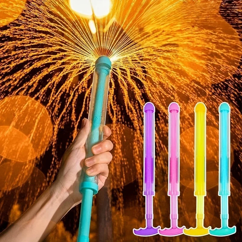A hand holds a turquoise water spray toy, with four colorful plastic spray toys visible in the background.