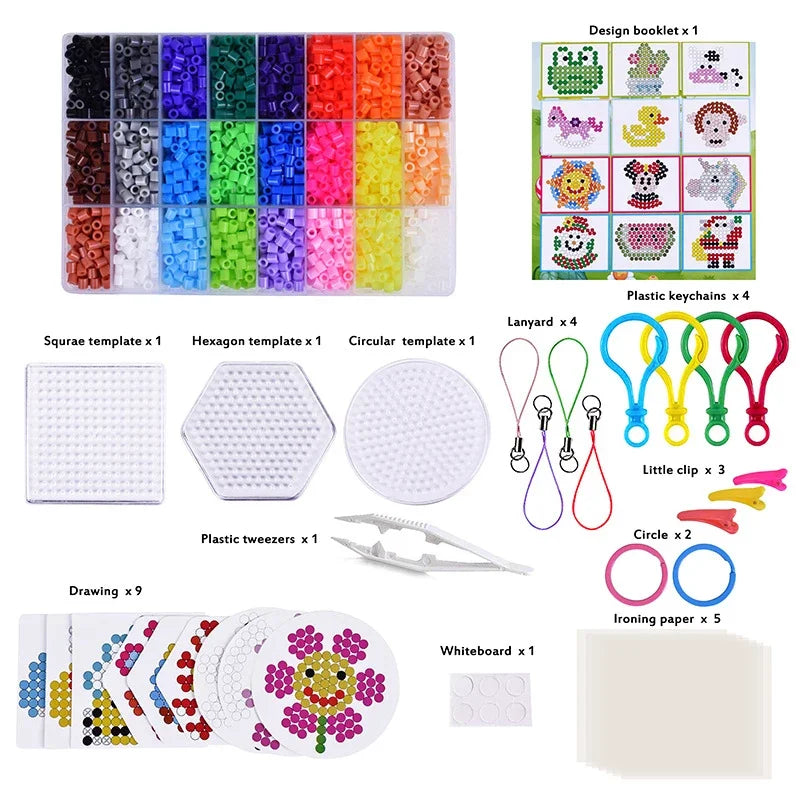 A collection of DIY bead sets, templates, tweezers, and keychain accessories for crafting projects.