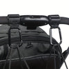 Close-up of black heavy-duty stroller hooks attached to a black fabric bag or stroller handle.