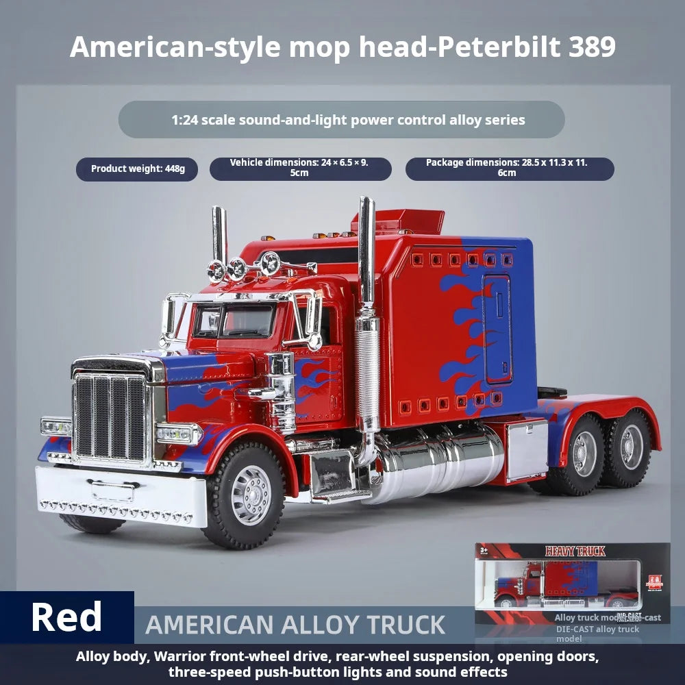 Red American-style mop head Peterbilt 389 1:24 scale diecast truck model with lights and sound