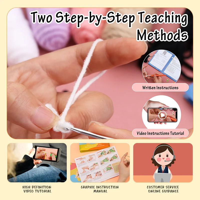A hand holds a white yarn string being used for teaching methods, alongside visual examples of written instructions, video tu