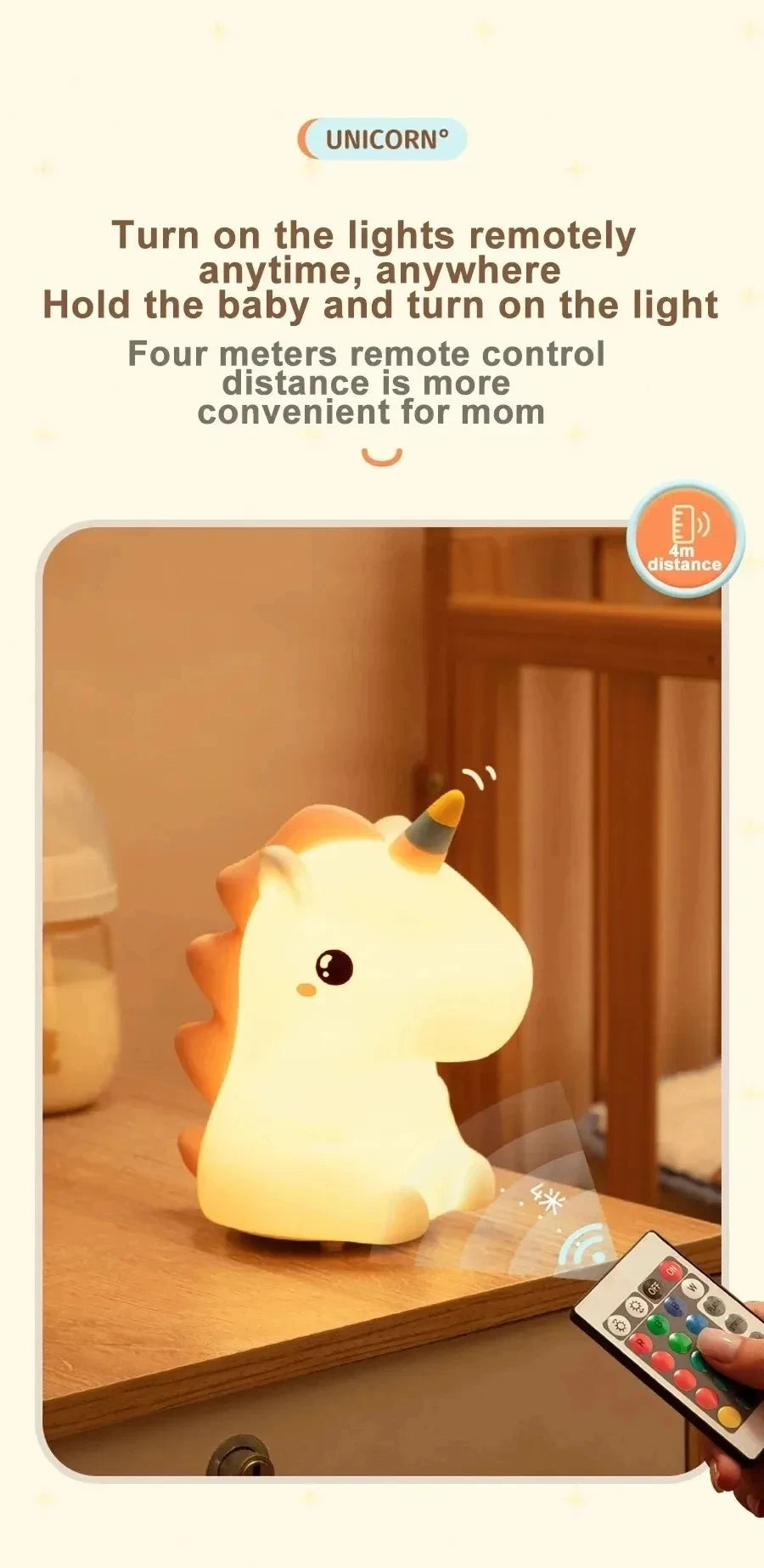 A cute unicorn silicone LED night light is shown illuminating a room, with a hand holding a smartphone remote.