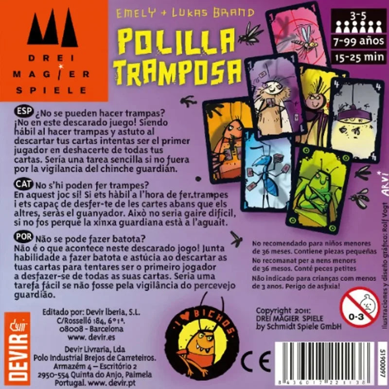 Box art for Polilla Tramposa a card game featuring illustrations of moths and cards