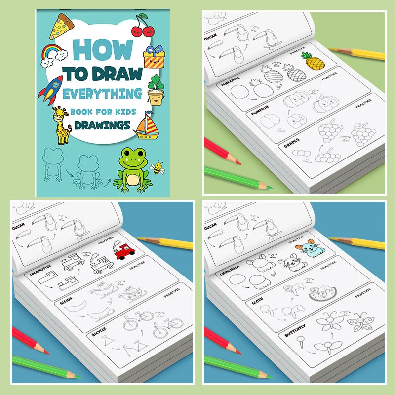 Set von vier Seiten mit Schritt-für-Schritt-Zeichenanleitungen für Kinder, darunter Dinosaurier, Ananas, Auto und ein