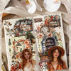 An open sticker book featuring vintage scenes, floral designs, and elegant female portraits on cream-colored pages.