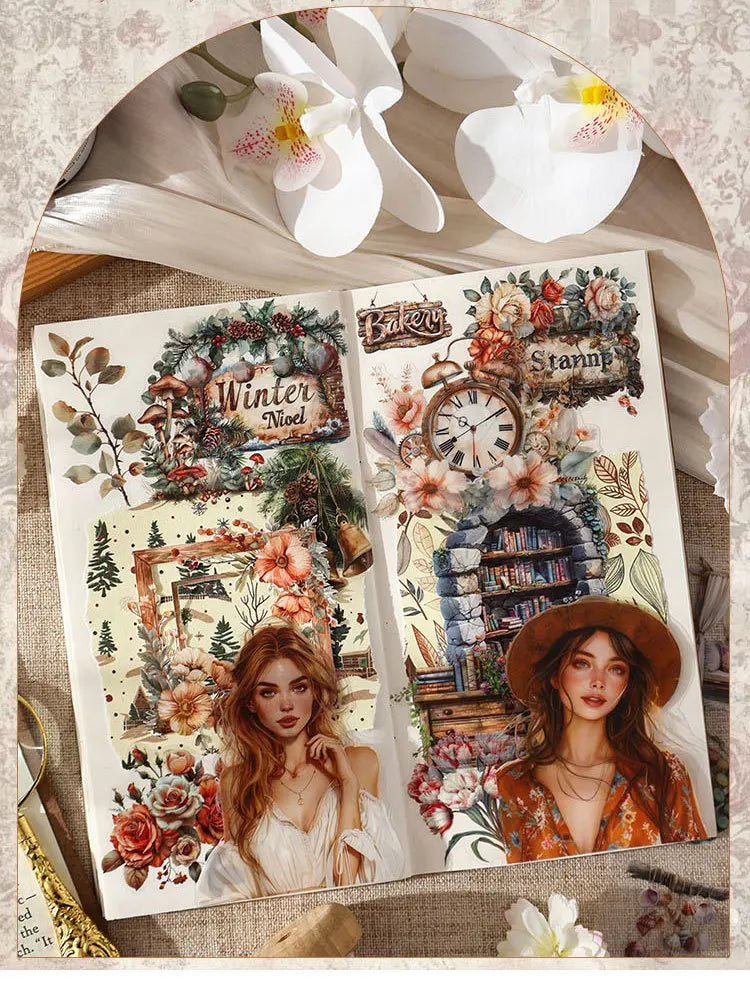 An open sticker book featuring vintage scenes, floral designs, and elegant female portraits on cream-colored pages.