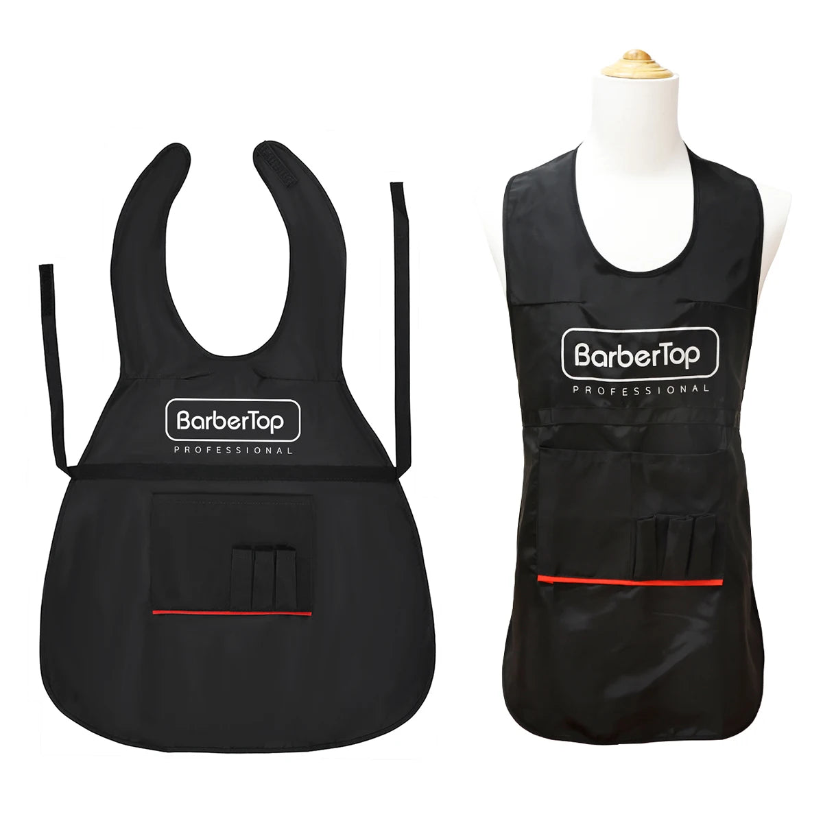 Black waterproof barber apron displayed on a mannequin.