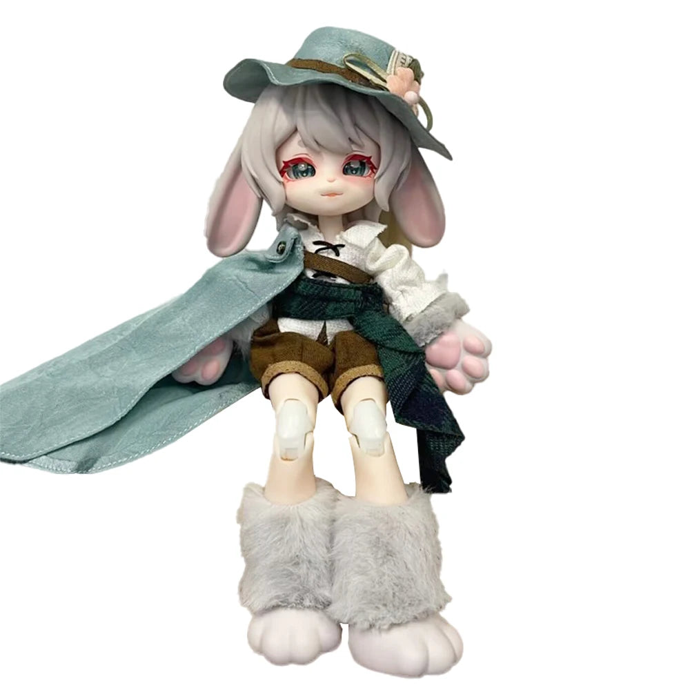 A 1/12 scale Lunar-themed posable doll blind box featuring a girl with light gray hair wearing a hat and layered clothing.