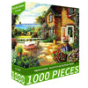 A box of a 1000-piece jigsaw puzzle depicting a pastoral scene with a stone house and greenery.