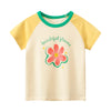 A light yellow short-sleeve cotton t-shirt with a green collar and a pink flower graphic on the chest.
