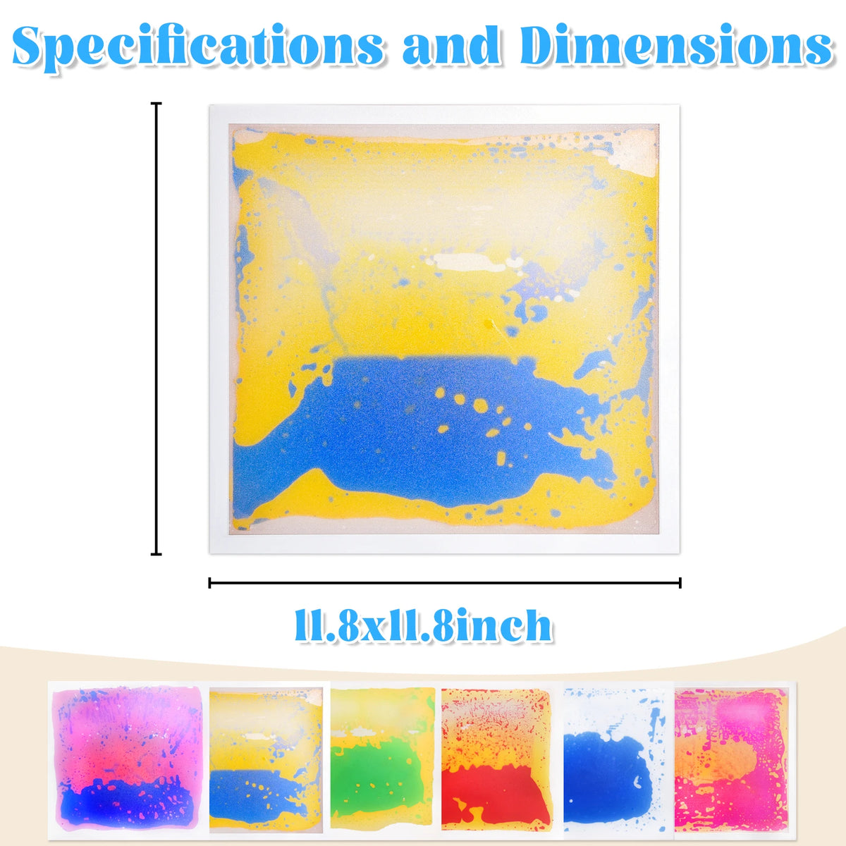 A set of colorful liquid sensory play mats showing various bright colors like yellow, blue, green, and red