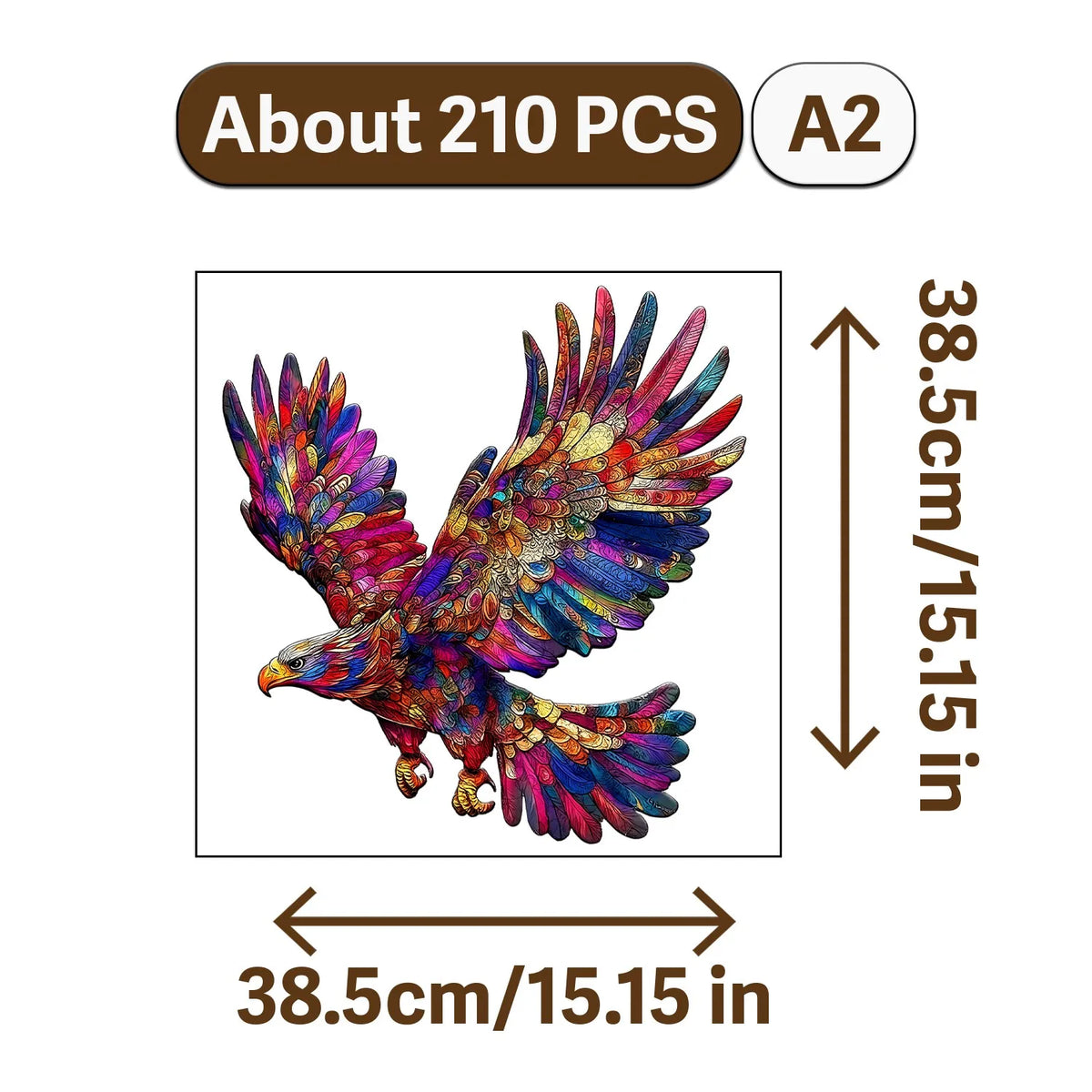 A detailed illustration of a colorful eagle, used as a jigsaw puzzle, with dimensions 38.5cm by 15.15in.