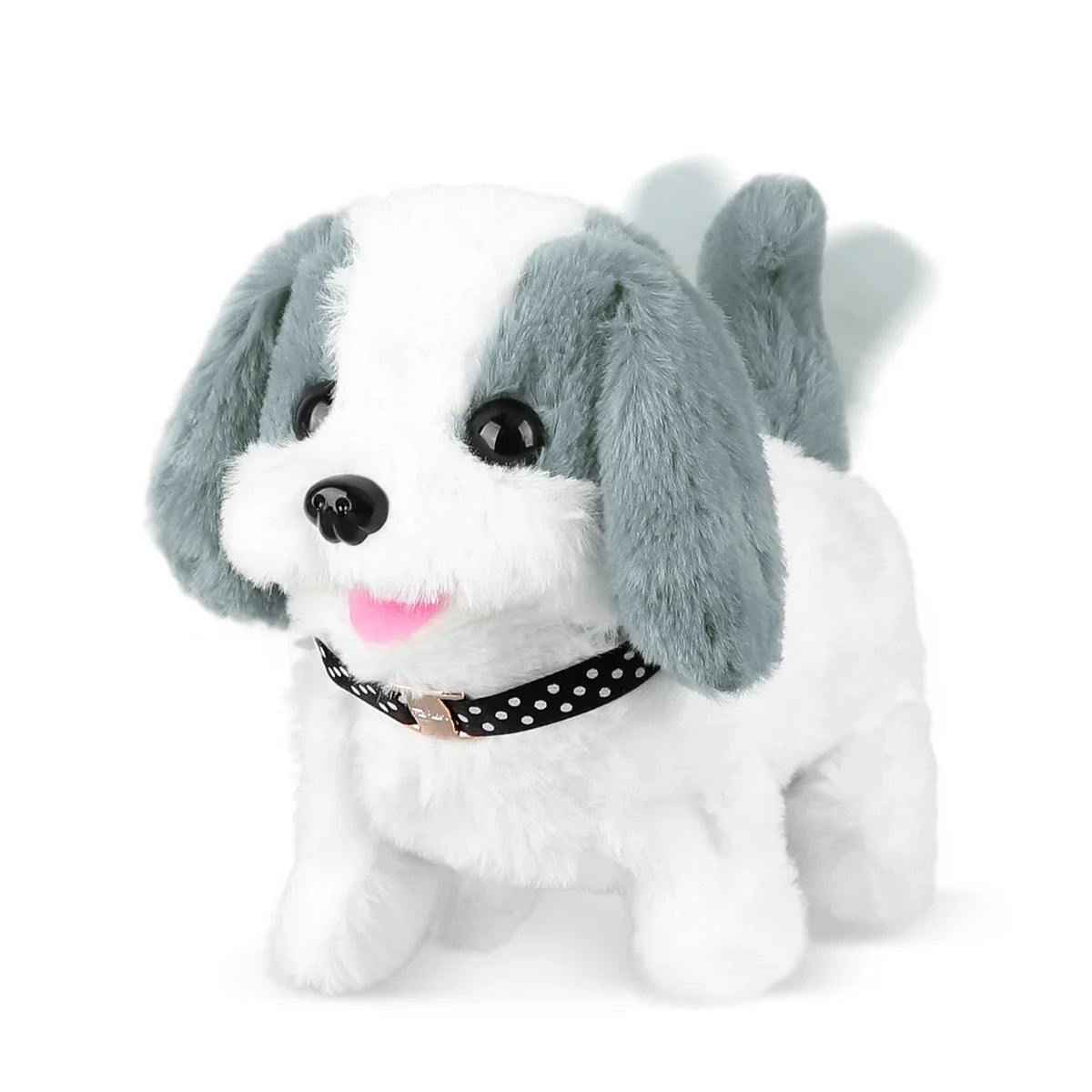 A white and gray plush puppy toy with floppy ears and a black collar.
