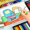 A hand draws a bright blue construction vehicle on a page of a creative doodle coloring book surrounded by various colored pe