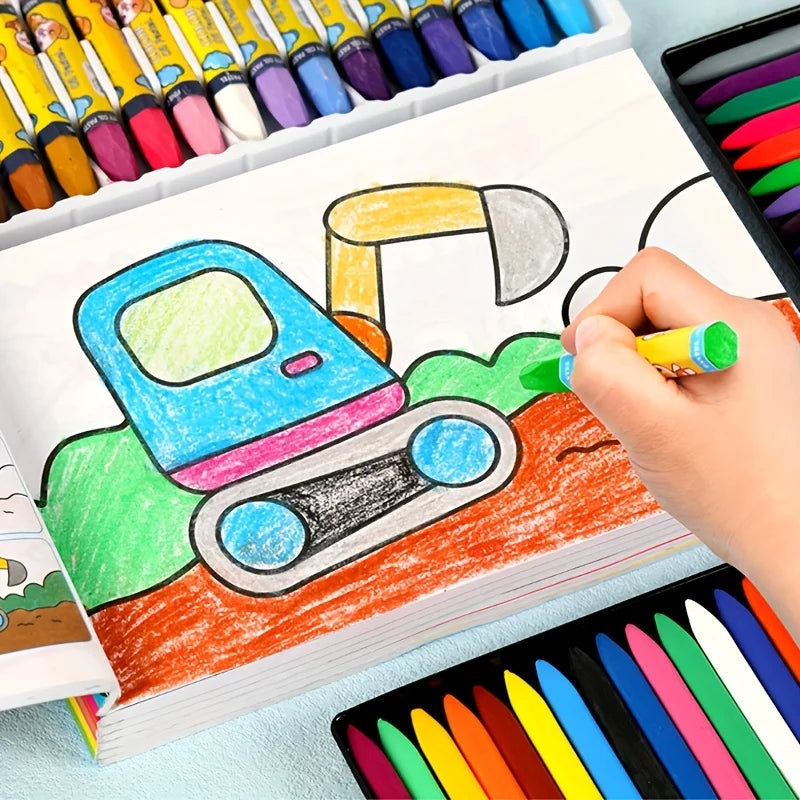 A hand draws a bright blue construction vehicle on a page of a creative doodle coloring book surrounded by various colored pe
